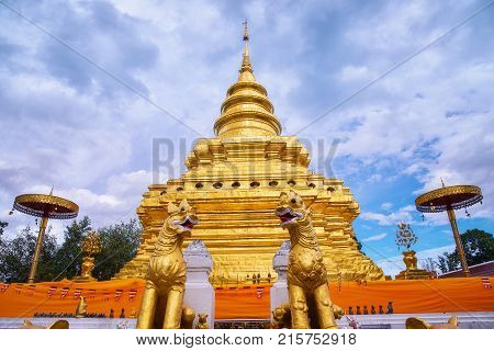 Pagoda at Phra that si chomtong worawihan temple the most famous landmark of Chiang mai province Thailand.