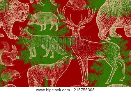 Forest animals and trees seamless pattern. Squirrel deer bear wolf fox hedgehog wild boar and spruce. Hand drawing. Gold red and green. Vintage engraving background. Vector illustration art.