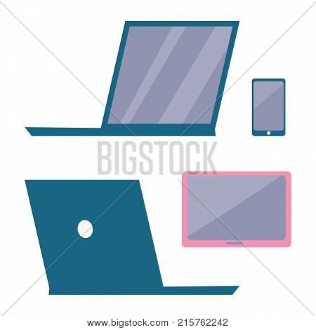Modern electronic devices icons isolated on white background. Vector illustration with blue laptop and smartphone near to pink tablet