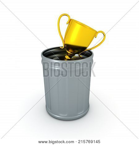 3D illustration of golden trophy thrown in a garbage can. Isolated on white.