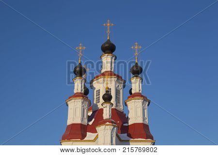 Dome Church of the Entry into Jerusalem in the light of the rising solntsa.Totma, Vologda region, Russia