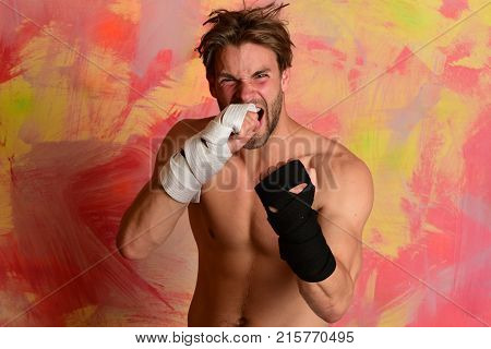 Healthy Lifestyle And Jujitsu Concept. Man With Wild Face