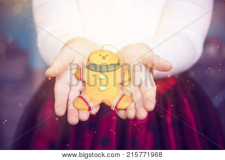 Little girl with beautiful Christmas dress holding gingerbred cookie - Christmas concept