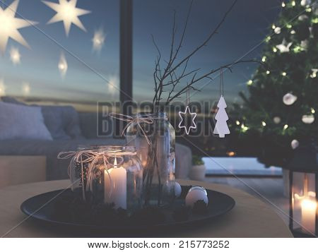  advent decoration in an christmas interior. 3d rendering