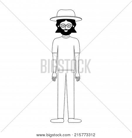 man with hat and glasses and t-shirt and pants and shoes with mid length hair and beard in black dotted silhouette vector illustration