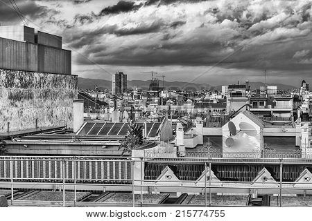 Aerial View Over The Rooftops Of Central Barcelona, Catalonia, Spain