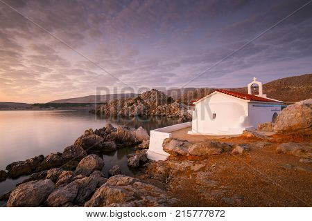 Agios Isidoros church in northern Chios at sunrise.