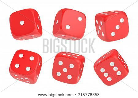 3d rendering of a set of six red dice with white dots hanging in half turn showing different numbers. Lucky dice. Board games. Money bets.