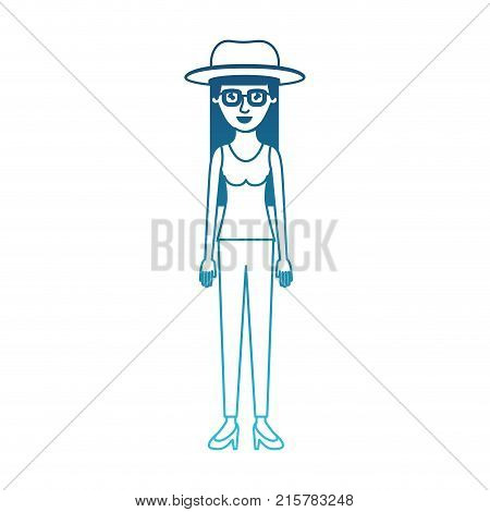 woman with hat and glasses and blouse sleeveless and pants and heel shoes with long straight hair in degraded blue silhouette vector illustration