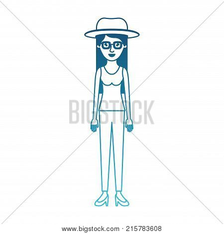 woman with hat and glasses and t-shirt sleeveless and pants and heel shoes with long straight hair in degraded blue silhouette vector illustration