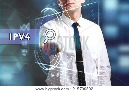 Business, Technology, Internet And Network Concept. Young Businessman Working On A Virtual Screen Of