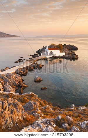 Agios Isidoros church in northern Chios at sunrise.