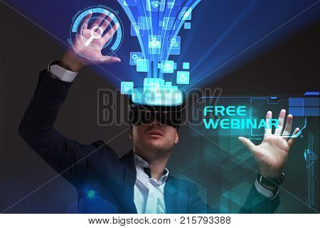 Business, Technology, Internet And Network Concept. Young Businessman Working In Virtual Reality Gla