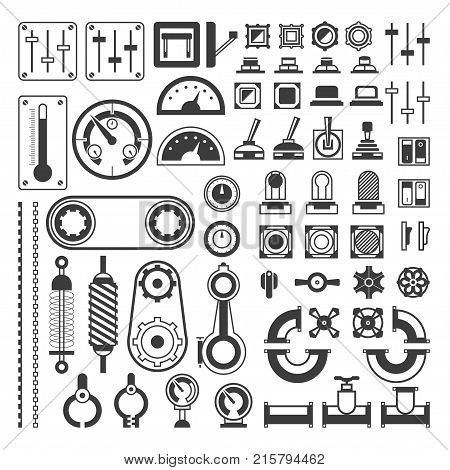 Set of measuring equipment - modern vector realistic isolated clip art on white background. Different instruments for engineering, devices, indicators, gears, sensors, indicating meters, gauges