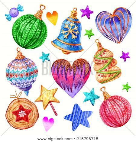 Colorful Watercolor Christmas Set of Christmas toys in cartoon childish Retro style of illustrations. Hand drawn Set of Christmas decorations illustration isolated on white background