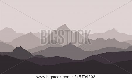 panoramic view of the mountain landscape with fog in the valley below with the alpenglow grey sky and haze background - vector
