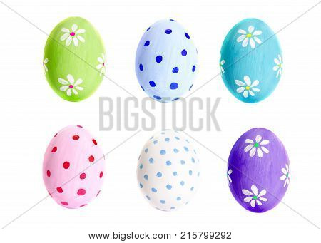 Colorful Egg isolated on white background close up. Happy Easter Handmade painted color Egg macro set
