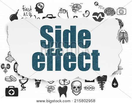 Health concept: Painted blue text Side Effect on Torn Paper background with  Hand Drawn Medicine Icons