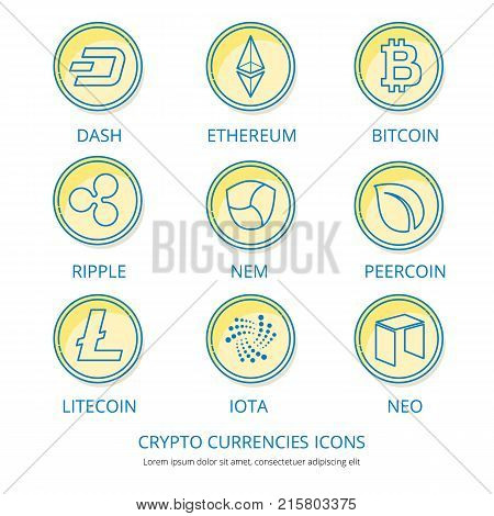 Crypto currency coins icons, vector set.Cryptocurrency signs-Bitcoin Ethereum Litecoin Dash Ripple NEM Peercoin IOTA NEO.Digital money logos symbols finance internet business concept