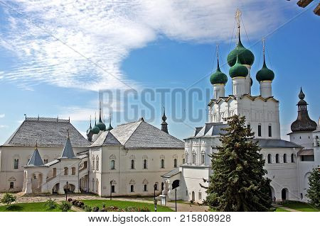 Rostov Russia - 18 July 2017: Church Of St. John the Apostle (built in 1683) and Red chamber (built in 1670--1680) in Rostov Kremlin