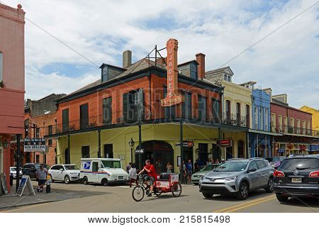 NEW ORLEANS - MAY. 29, 2017: Historic Buildings at the corner of Decatur Street and Madison Street in French Quarter in New Orleans, Louisiana, USA.