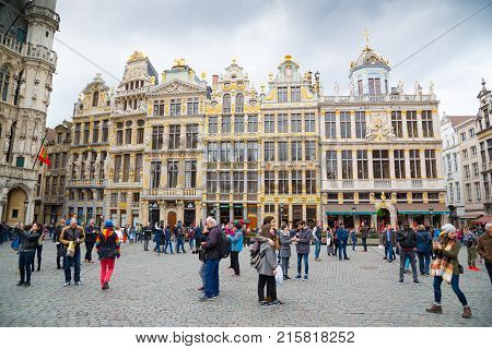 Brussels, Belgium - April 22, 2017: Guildhalls on the Grand Place - Grote Markt is the central square of Brussels. Belgium.