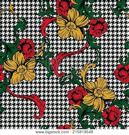 Eclectic fabric plaid seamless pattern with baroque ornament. Vector background.
