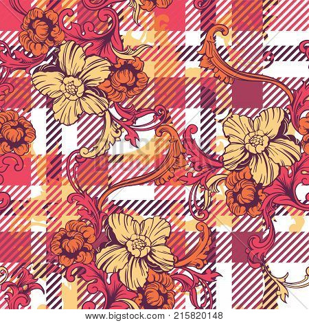 Eclectic fabric plaid seamless pattern with baroque ornament. Vector background.