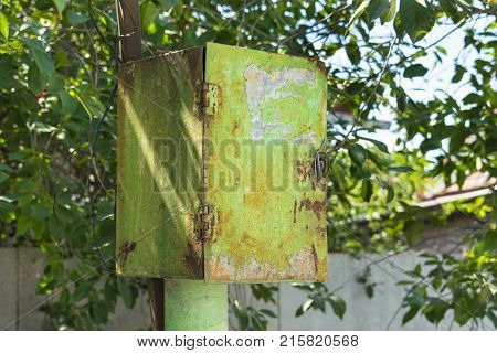 Old rusty green peeling metal postal box (junction box) under the lock on the background of green leaves