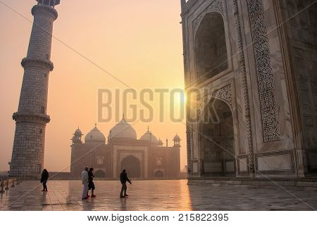 AGRA INDIA-JANUARY 31: View of jawab from Taj Mahal base at sunrise on January 312011 in Agra India. Taj Mahal was designated as a UNESCO World Heritage Site in 1983.