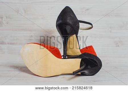 Hand-made Women's Dance Shoes Made Of Genuine Leather On The Wooden Surface