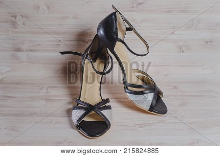 Hand-made Women's Dance Shoes Made Of Genuine Leather On The Wooden Surface