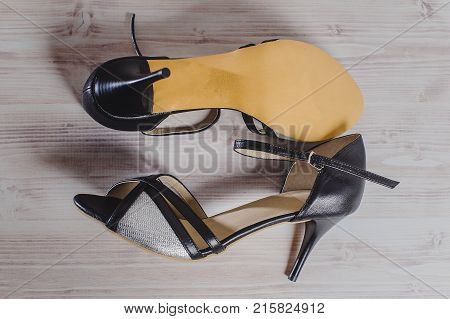 Hand-made Women's Dance Shoes Made Of Genuine Leather On The Wooden Surface