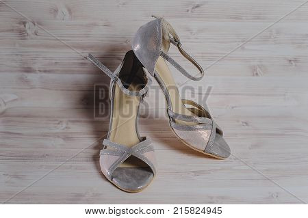 Hand-made Women's Dance Shoes Made Of Genuine Leather On The Wooden Surface