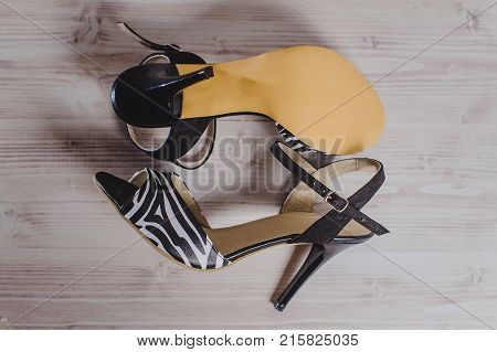 Hand-made Women's Dance Shoes Made Of Genuine Leather On The Wooden Surface