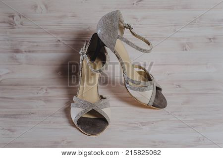 Hand-made Women's Dance Shoes Made Of Genuine Leather On The Wooden Surface