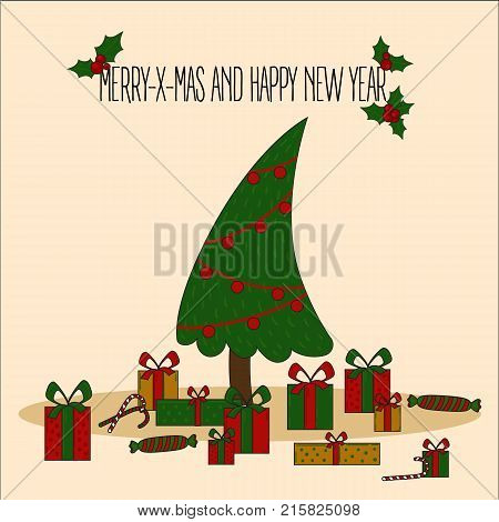 Christmas tree decorated vector illustration. Decoration balls and light bulb chain, gift boxes in colorful cartoon flat style. Merry Christmas and a happy New Year design for greeting cards.