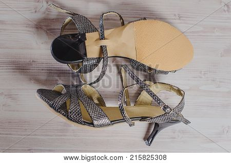 Hand-made Women's Dance Shoes Made Of Genuine Leather On The Wooden Surface