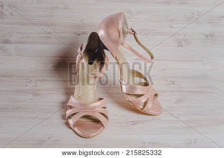 Hand-made Women's Dance Shoes Made Of Genuine Leather On The Wooden Surface