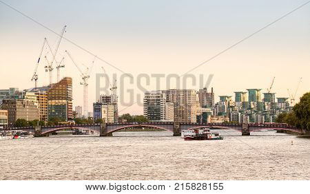 LONDON, UK - OCTOBER 1, 2015: Detail view of Nine Elms redevelopment and St George Wharf on South Bank London England