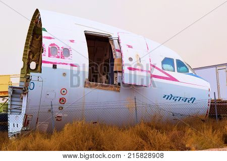 November 27, 2017 in Victorville, CA:  Cut up fuselage on a vintage airliner aircraft taken in the Victorville Airport Airplane Boneyard in Victorville, CA where airlines can retire their older planes to be resold or scrapped for parts
