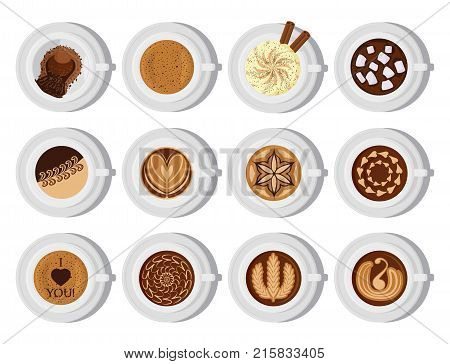 Different types of coffee chocolate cocoa cups top view. Perfect for menu assortment top view collection vector illustration. Aroma fresh black cappuccino with foam