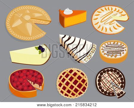 Homemade organic pie dessert vector illustration fresh golden rustic gourmet bakery. Traditional slice crust delicious. Seasonal tasty warm baked