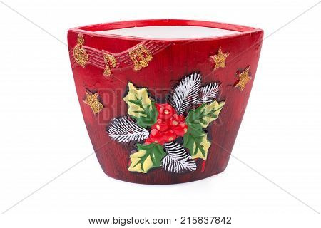 Plant pot isolated on white background. Beautiful red handmade pottery flower pot isolated on white background. Fashion design plant pot. Handicraft pot for flowers.