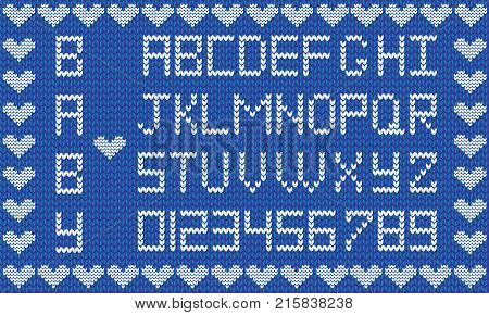 Baby fabric script for boy. Cute knitted abc alphabet, knitting pattern, boy light blue fabric background framed with little hearts. Useful for cards, invitations, design.