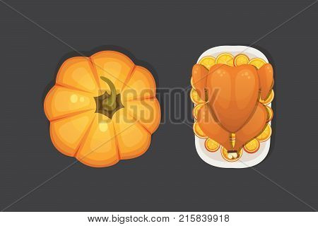 Baked turkey with orange for Thanksgiving Day in cartoon style. outumn food