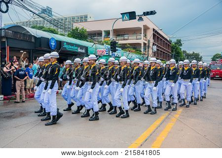 Pattaya Thailand - November 15 2017: Navy parade marching to perform fancy drill in International Fleet Review 2017 at the beach of Pattaya Thailand