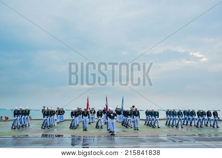 Pattaya Thailand - November 15 2017: Thai navy demonstating Fancy Drill in International Fleet Review 2017 at the beach of Pattaya Thailand.