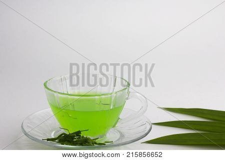 Glass Of Cold Pandan Juice - Healthy Food Against Wood,.with Pandan Green.on A White Background