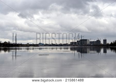 View of Neva River at cloud winter day on the outskirts of St.Petersburg Russia.